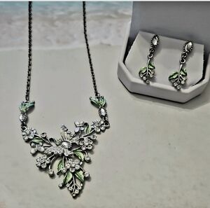#155 Hawaiian Floral Butterfly Silver and Pastel Green-Necklace and Earrings Set